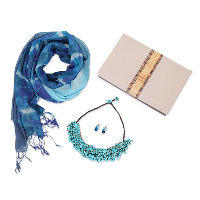 Curated gift box, 'Blue Spring' - Thai Blue Cotton Scarves with Gemstone Jewelry Set