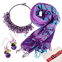 Scarves, necklace and earrings gift box, 'Violet Spring' - Thai Purple Cotton Scarves with Gemstone jewellery Set