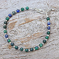 Azure-malachite beaded bracelet, 'Petite Flower'
