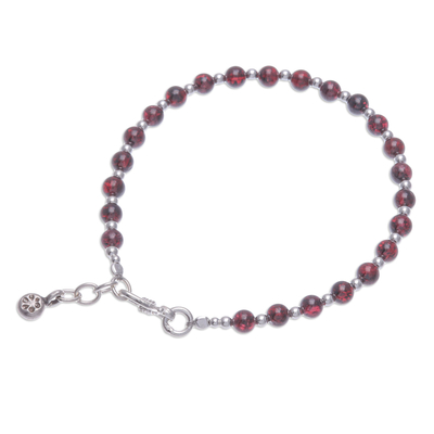 Garnet beaded bracelet, 'Petite Flower' - Garnet Bracelet with 950 Silver Charm