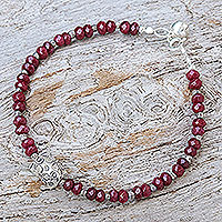Garnet and silver pendant bracelet, 'Khao River Charm' - Beaded Hill Tribe Bracelet with Garnets