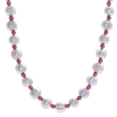 Cultured pearl and garnet strand necklace, 'Cherished' - Strand Necklace with Cultured Grey Pearls and Garnets
