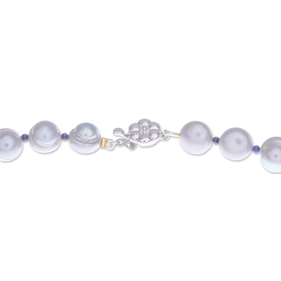Cultured pearl and lapis lazuli strand necklace, 'Cherished' - Cultured Pearl Necklace with Lapis Lazuli