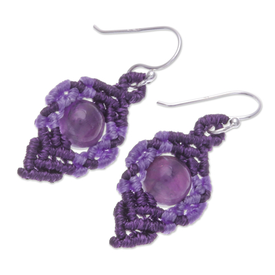 Amethyst macrame dangle earrings, 'Heartfelt Wish' - Purple Macrame Earrings with Amethyst