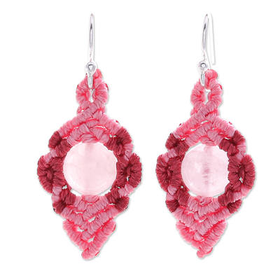 Pink Macrame Earrings with Rose Quartz