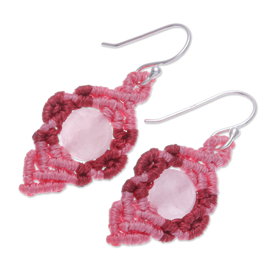 Rose quartz macrame dangle earrings, 'Heartfelt Wish' - Pink Macrame Earrings with Rose Quartz