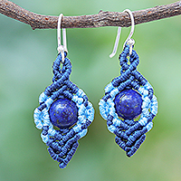 Lapis lazuli macrame dangle earrings, 'Heartfelt Wish' - Artisan Crafted Lapis Lazuli Earrings