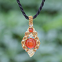 Chalcedony macrame pendant necklace, 'Heartfelt Wish' - Orange Chalcedony Pendant Necklace