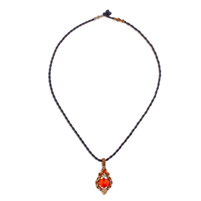 Chalcedony macrame pendant necklace, 'Heartfelt Wish' - Orange Chalcedony Pendant Necklace