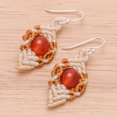 Chalcedony macrame dangle earrings, 'Heartfelt Wish' - Orange Chalcedony Macrame Earrings