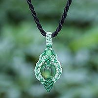 Chalcedony and quartz macrame pendant necklace, 'Heartfelt Wish' - Handmade Macrame Necklace with Gemstones