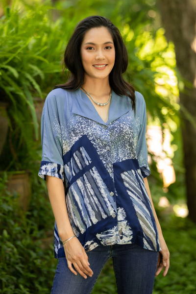 Hand-painted batik cotton blouse, 'Artist on Holiday' - Hand Made Batik Cotton Buttoned Blouse