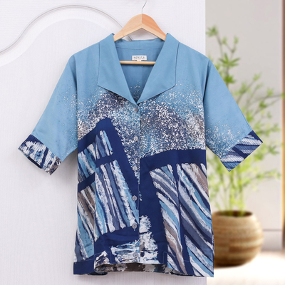 Hand-painted batik cotton blouse, 'Artist on Holiday' - Hand Made Batik Cotton Buttoned Blouse