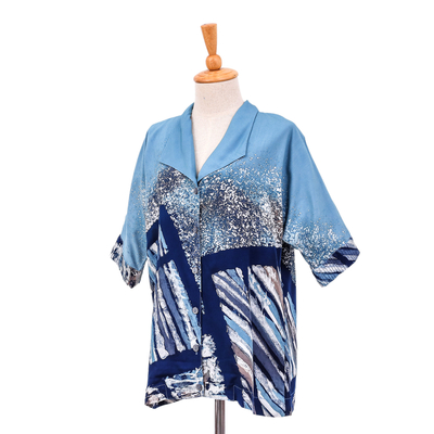 Blusa de algodón batik pintada a mano - Blusa abotonada de algodón batik hecha a mano
