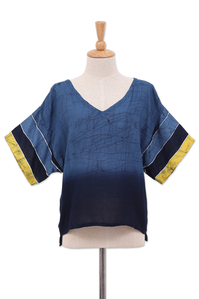 Cotton batik blouse, 'Modern Mood' - Blue Batik Cotton Blouse