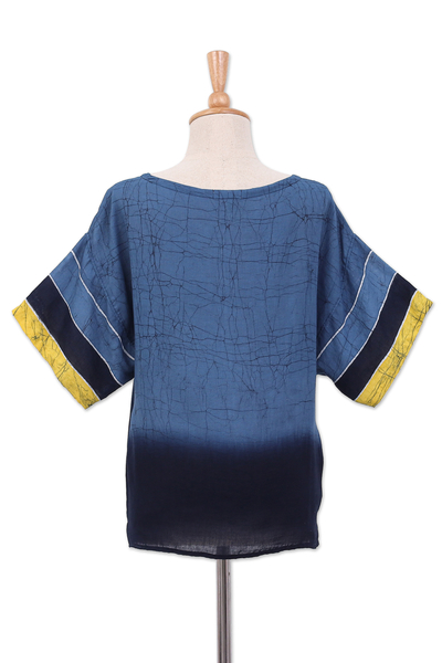 Blusa batik de algodón, 'Modern Mood' - Blusa de algodón batik azul