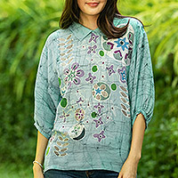 Cotton batik blouse, 'Green Garden'