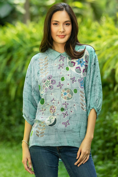 Cotton batik blouse, Green Garden