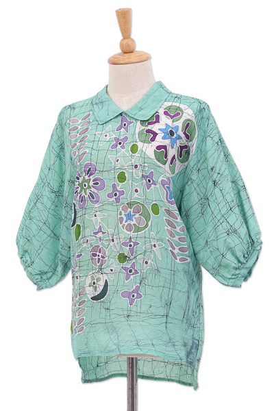 Cotton batik blouse, 'Green Garden' - Hand-Painted Batik Cotton Blouse