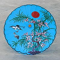 Hand-painted cotton parasol, 'Blue Cherry Blossom' - Artisan Crafted Parasol from Thailand