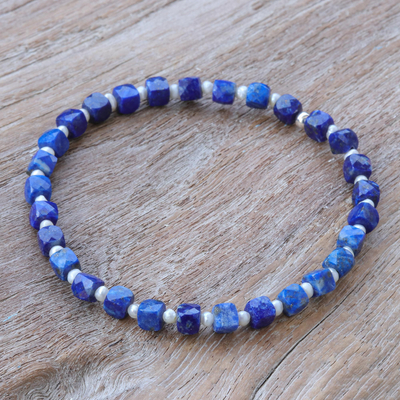 Pulsera elástica con cuentas de lapislázuli y perlas cultivadas, 'Colors of Chiang Mai' - Pulsera elástica con cuentas con lapislázuli
