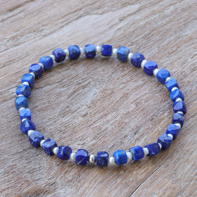 Lapis lazuli and cultured pearl beaded stretch bracelet, 'Colors of Chiang Mai' - Beaded Stretch Bracelet with Lapis Lazuli