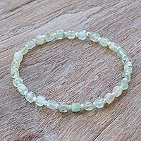 Prehnite and cultured pearl beaded stretch bracelet, 'Colors of Chiang Mai' - Artisan Crafted Prehnite Bracelet with Cultured Pearl