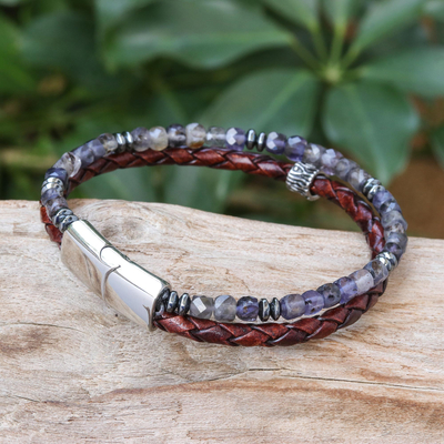 Beaded iolite and leather bracelet, 'Chiang Mai Twilight' - Iolite and Hematite Bracelet with Leather