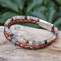 Beaded moonstone and leather bracelet, 'Chiang Mai Dawn' - Moonstone and Leather Bracelet