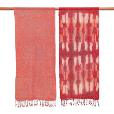 Hand-woven batik silk scarves, 'Cozy Nook' (pair) - Hand-Woven Batik Silk Scarves in Crimson and Orange (Pair)
