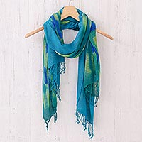 Hand-woven batik silk scarves, 'Teal Sea' (pair)