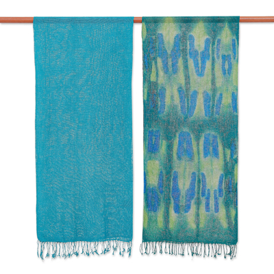 Pañuelos de seda batik tejidos a mano, (par) - Bufandas de seda batik tejidas a mano en verde azulado (par)