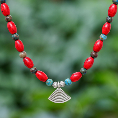 Howlite and jasper pendant necklace, 'Modern Tribal' - Hill Tribe Howlite and Jasper Pendant Necklace