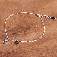 Onyx anklet, 'Shaded Star' - Black Onyx and Sterling Silver Charm Anklet from Thailand
