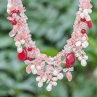 Multi-gemstone pendant necklace, 'Pink Palace' - Handmade Cultured Pearl and Quartz Pendant Necklace