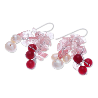 Cultured pearl and quartz dangle earrings, 'Pink Palace' - Thai Cultured Pearl and Quartz Dangle Earrings