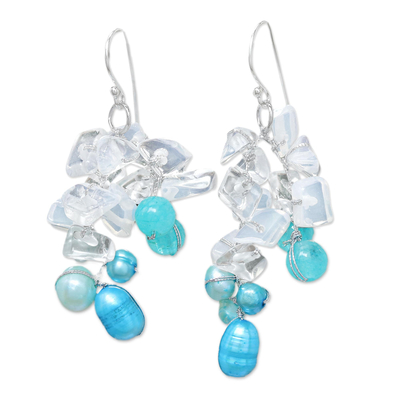 Blue Cultured Pearl and Quartz Dangle Earrings