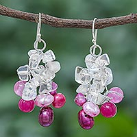 Multi-gemstone dangle earrings, 'Eye Candy in Pink' - Cultured Pearl and Rainbow Moonstone Dangle Earrings