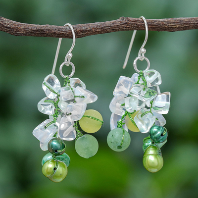 Multi-gemstone dangle earrings, 'Eye Candy in Green' - Green Cultured Pearl and Rainbow Moonstone Dangle Earrings