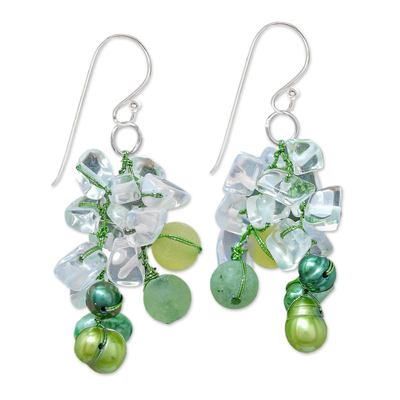 Green Cultured Pearl and Rainbow Moonstone Dangle Earrings