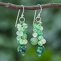 Quartz dangle earrings, 'Bubble Tea in Green' - Green Quartz and Glass Bead Dangle Earrings