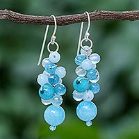 Quartz dangle earrings, 'Bubble Tea in Blue' - Blue Quartz and Glass Bead Dangle Earrings