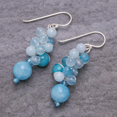Quartz dangle earrings, 'Bubble Tea in Blue' - Blue Quartz and Glass Bead Dangle Earrings