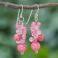 Pink Quartz and Glass Bead Dangle Earrings,'Bubble Tea in Pink'