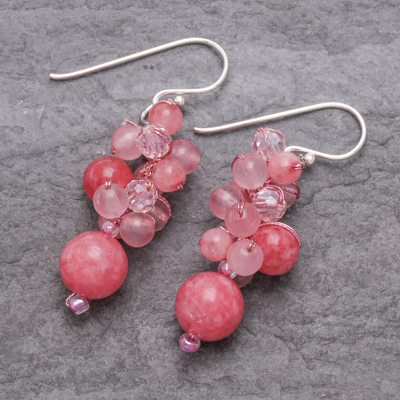 Quartz dangle earrings, 'Bubble Tea in Pink' - Pink Quartz and Glass Bead Dangle Earrings