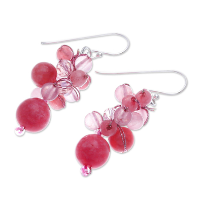 Quartz dangle earrings, 'Bubble Tea in Pink' - Pink Quartz and Glass Bead Dangle Earrings