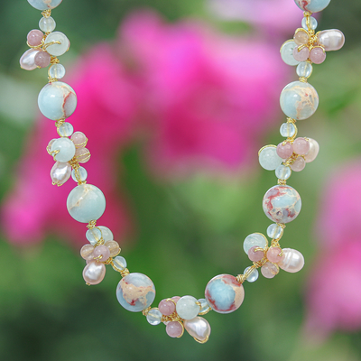 Collar con colgante de múltiples piedras preciosas - Collar hecho a mano con colgante de cuarzo rosa y perlas cultivadas