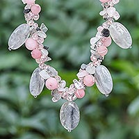Multi-gemstone pendant necklace, 'Frozen Flowers' - Hand Crafted Rose Quartz and Agate Pendant Necklace