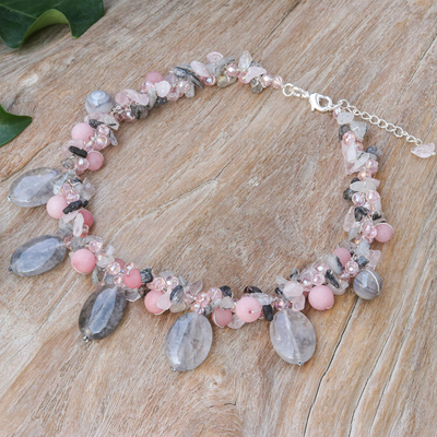 Multi-gemstone pendant necklace, 'Frozen Flowers' - Hand Crafted Rose Quartz and Agate Pendant Necklace