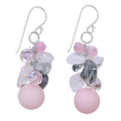 Handcrafted Rose Quartz and Glass Bead Dangle Earrings